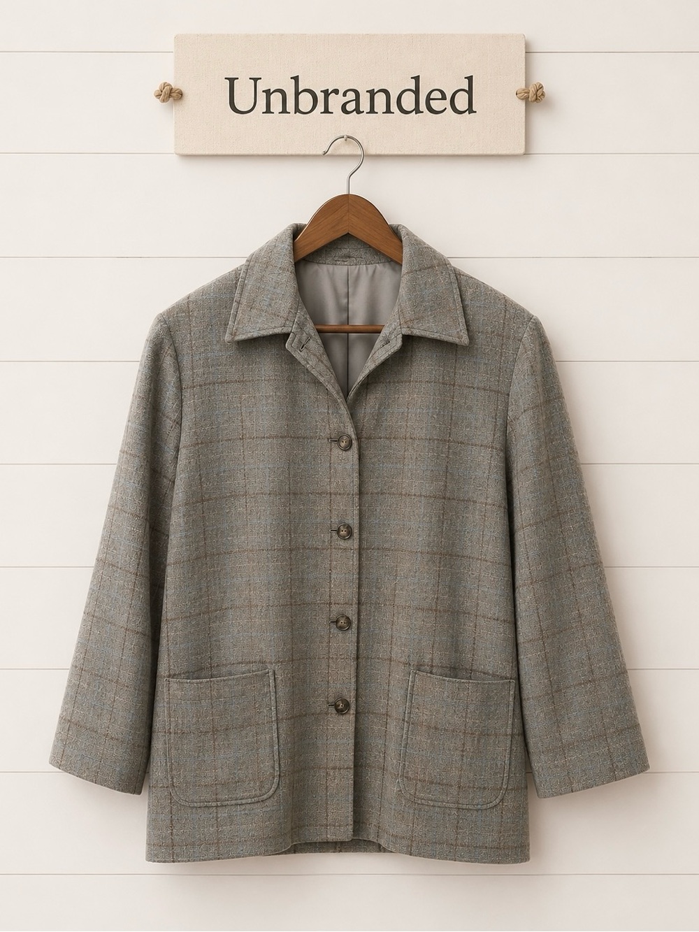 Gray plaid wool-blend blazer with blue and purple stripes – Size 14